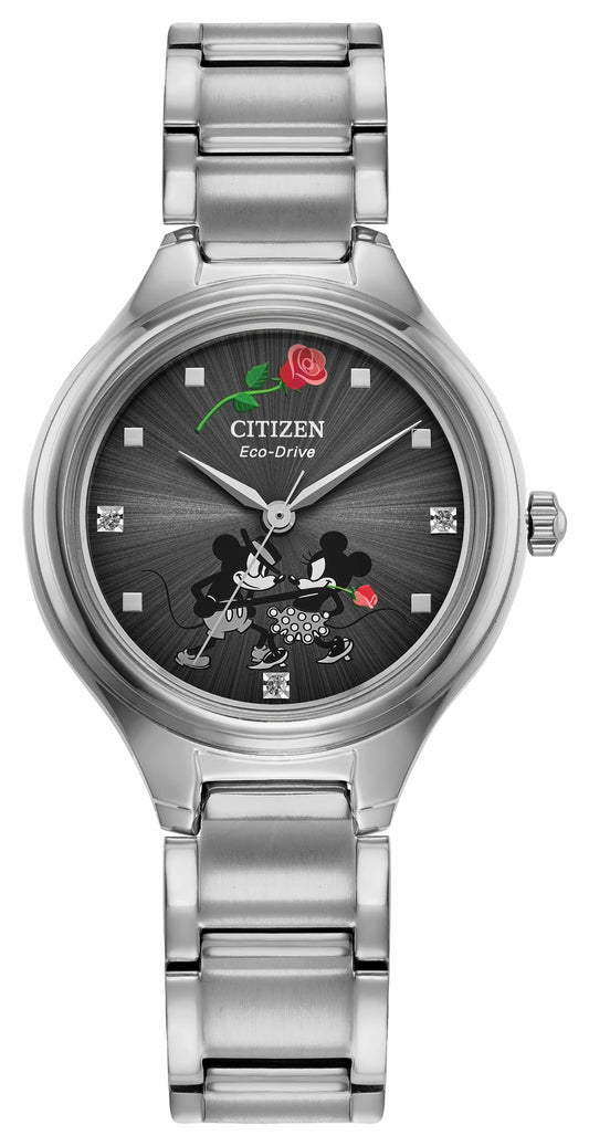 Citizen Mickey Mouse and Minnie Mouse Tango Gray Dial Stainless Steel Bracelet FE2101-58W