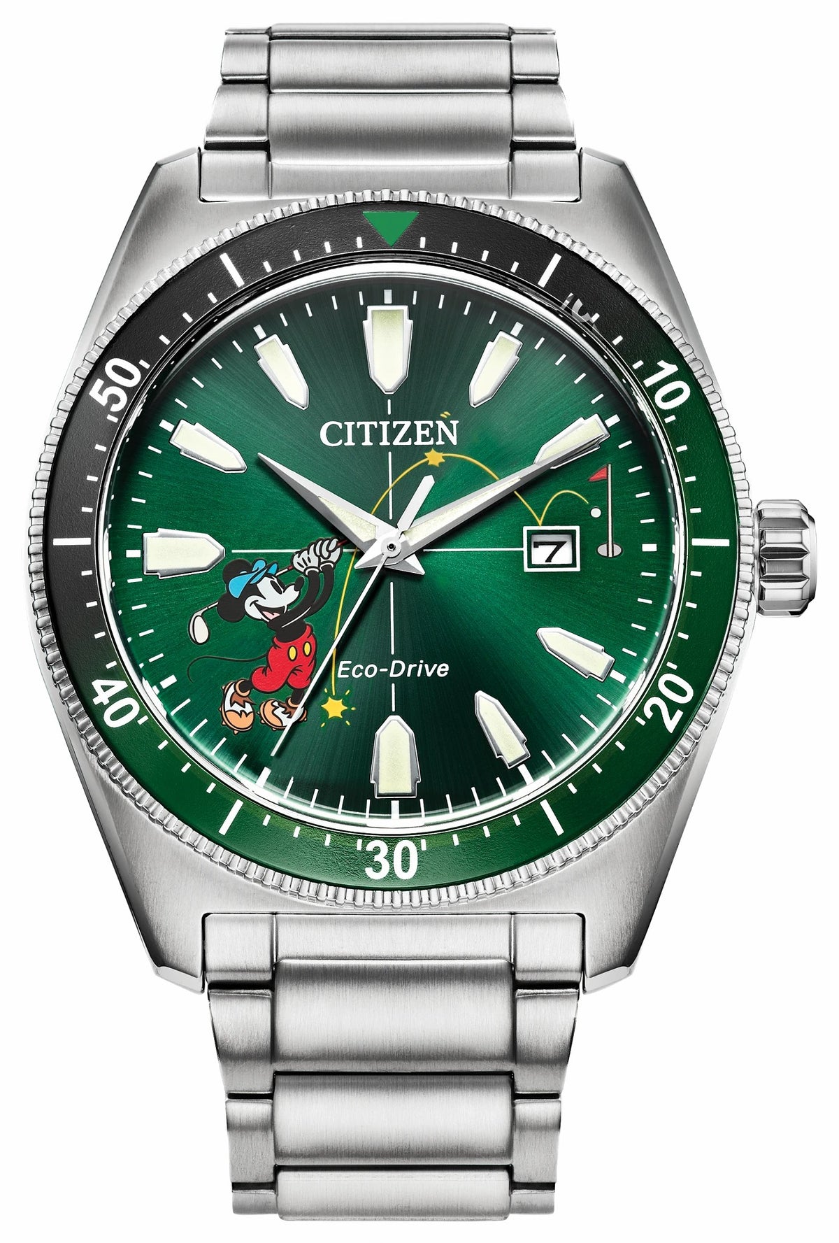 Citizen Tee Time Mickey Green Dial Stainless Steel Bracelet AW1595-78W