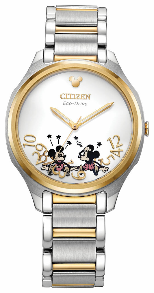 Citizen Falling Mickey & Minnie Silver-Tone Dial Stainless Steel Bracelet EM0754-59W